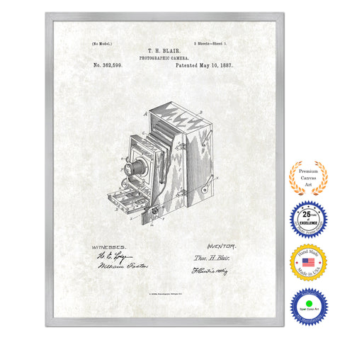 1887 Photographic Camera Antique Patent Artwork Silver Framed Canvas Print Home Office Decor Great Gift for Photographer
