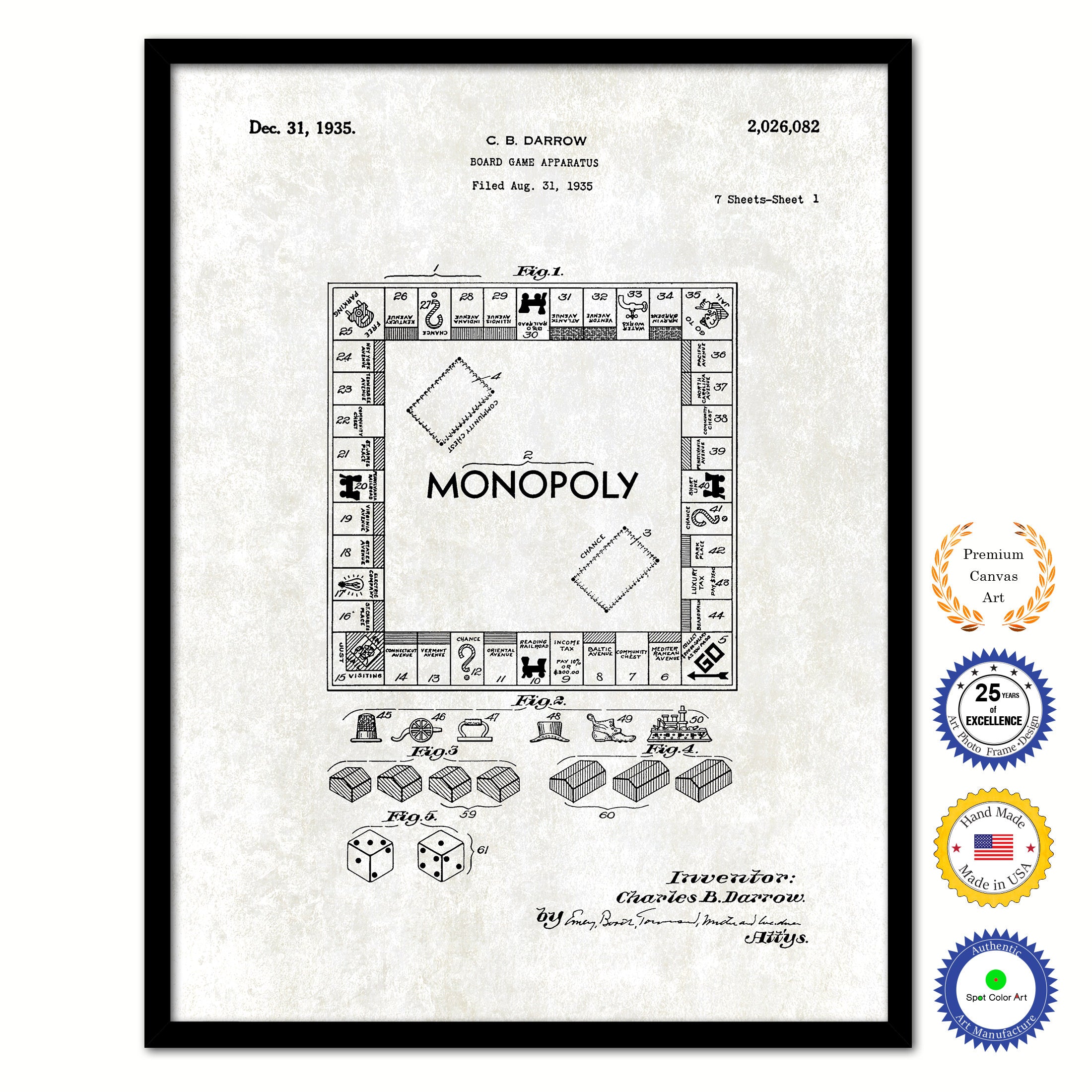 1935 Monopoly Board Game Apparatus Old Patent Art Print on Canvas Custom Framed Vintage Home Decor Wall Decoration Great for Gifts