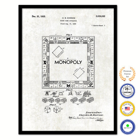 1935 Monopoly Board Game Apparatus Old Patent Art Print on Canvas Custom Framed Vintage Home Decor Wall Decoration Great for Gifts