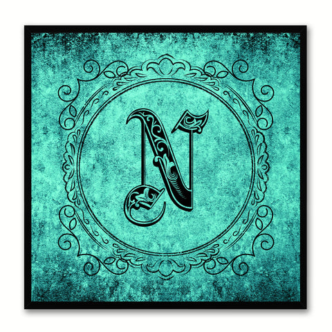 Alphabet N Aqua Canvas Print Black Frame Kids Bedroom Wall Décor Home Art