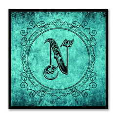 Alphabet N Aqua Canvas Print Black Frame Kids Bedroom Wall Décor Home Art