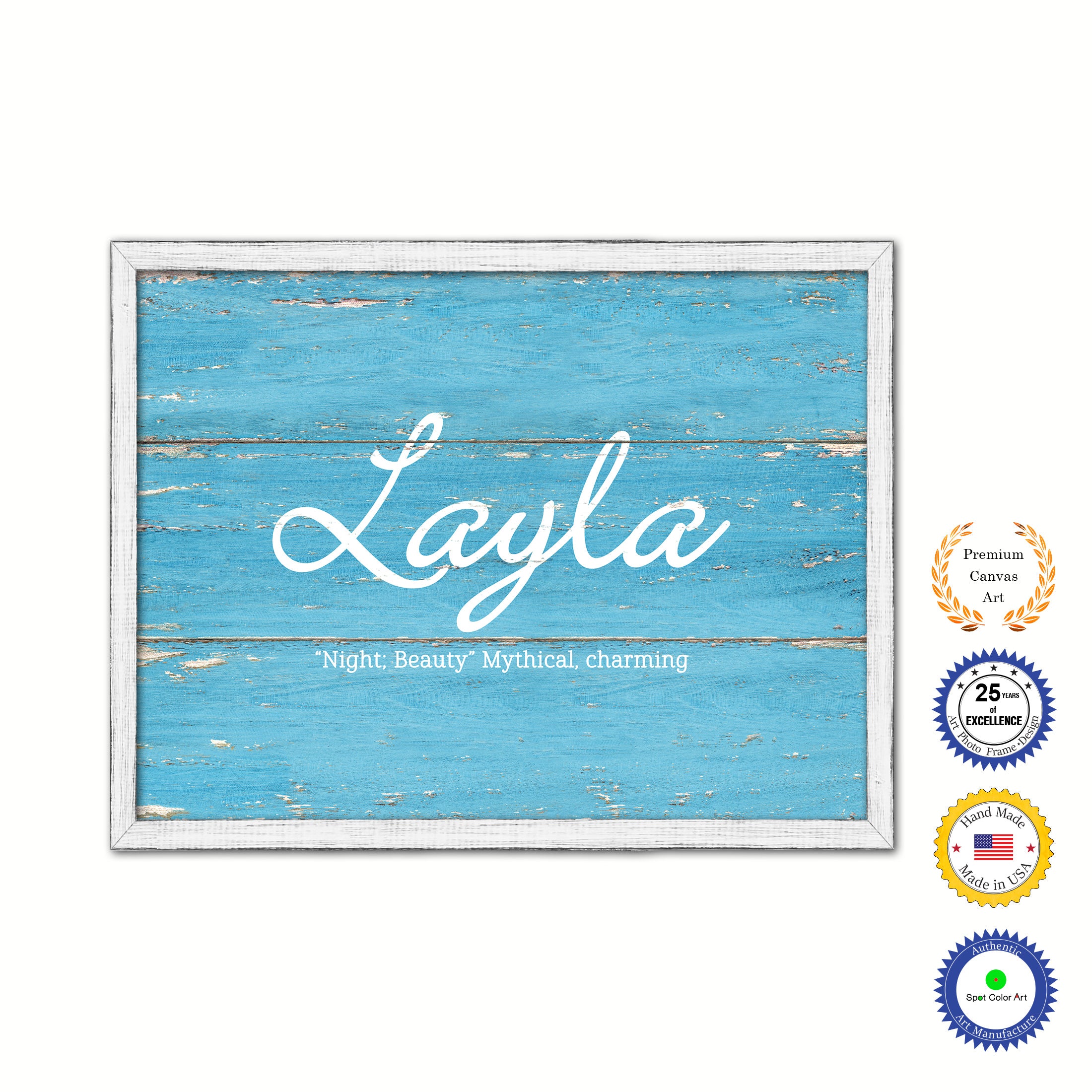 Layla Name Plate White Wash Wood Frame Canvas Print Boutique Cottage Decor Shabby Chic