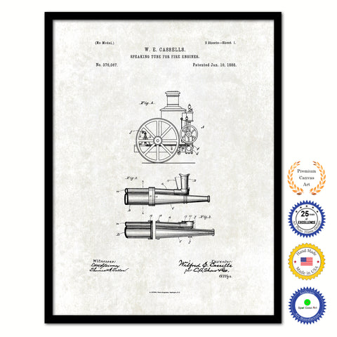 1888 Firefighter Speaking Tube for Fire Engines Vintage Patent Artwork Black Framed Canvas Print Home Office Decor Great for Firefighter Fireman Firewoman