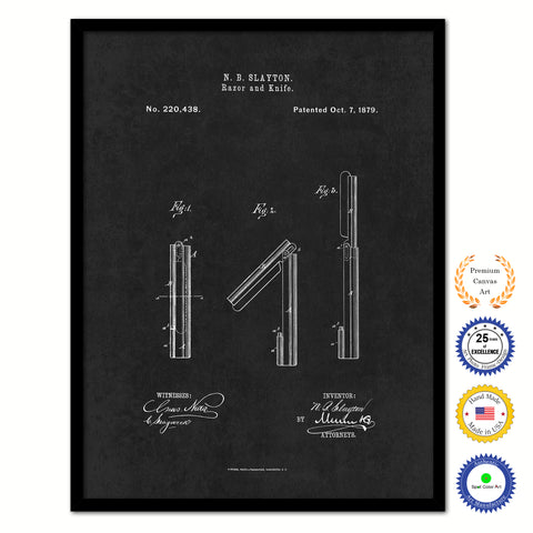1879 Barber Razor and Knife Vintage Patent Artwork Black Framed Canvas Home Office Decor Great Gift for Barber Salon Hair Stylist