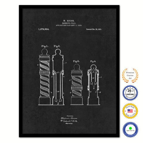 1921 Barber's Pole Vintage Patent Artwork Black Framed Canvas Home Office Decor Great Gift for Barber Salon Hair Stylist