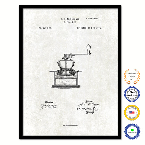 1870 Coffee Mill Grinder Vintage Patent Artwork Black Framed Canvas Print Home Office Decor Great for Coffee Spice Lover Cafe Shop