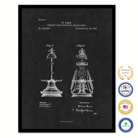 1890 Barber Combined Razor Depository and Call Bell Vintage Patent Artwork Black Framed Canvas Home Office Decor Great for Barber Salon