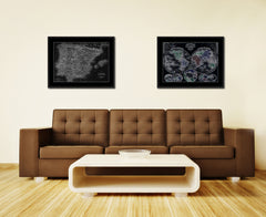 Spain Portugal Vintage Monochrome Map Canvas Print, Gifts Picture Frames Home Decor Wall Art