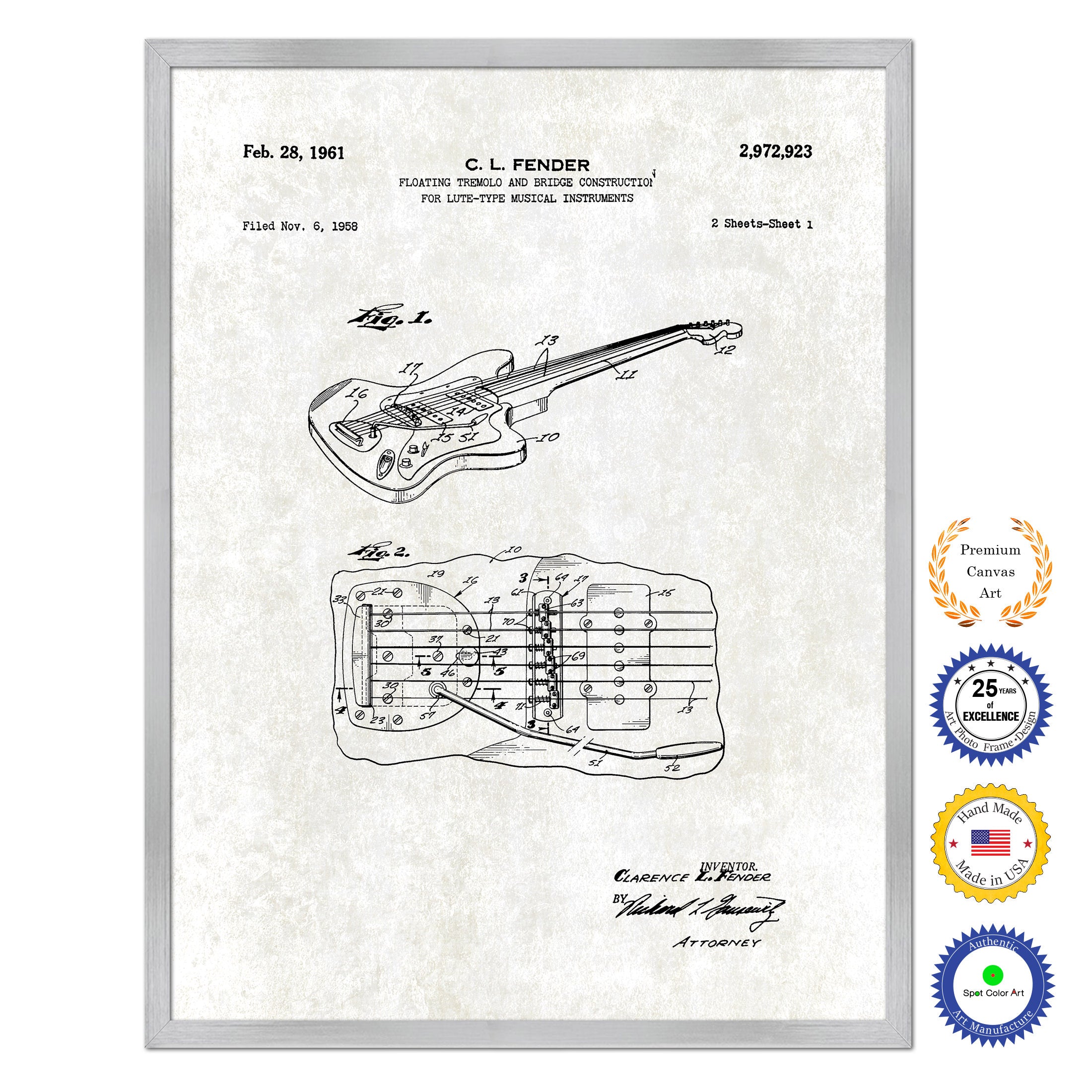 1961 Fender Electric Guitar Tremolo Old Patent Art Print on Canvas Custom Framed Vintage Home Decor Wall Decoration Great for Gifts
