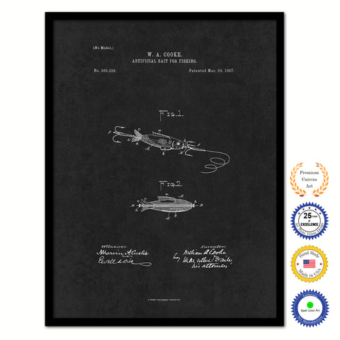 1887 Fishing Artificial Bait Vintage Patent Artwork Black Framed Canvas Home Office Decor Great for Fisherman Cabin Lake House