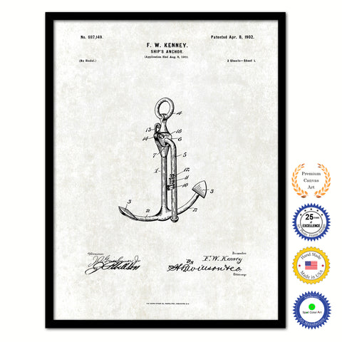 1902 Anchor Old Patent Art Print on Canvas Custom Framed Vintage Home Decor Wall Decoration Great for Gifts
