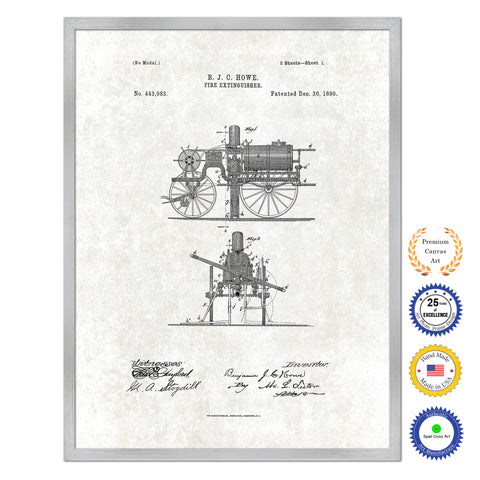 1890 Firefighter Fire Extinguisher Antique Patent Artwork Silver Framed Canvas Print Home Office Decor Great for Firefighter Fireman Firewoman