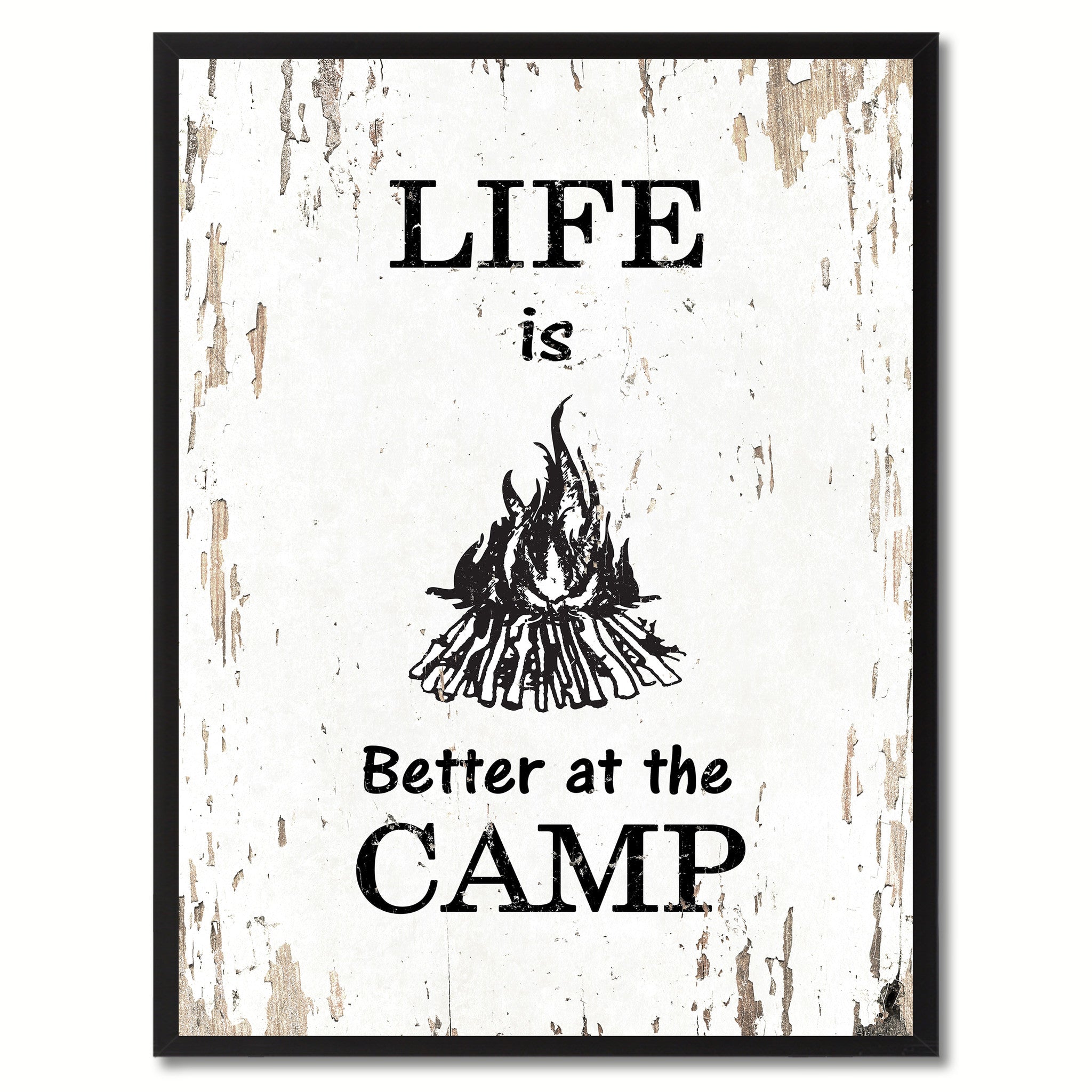 Life Is Better At The Camp Saying Canvas Print, Black Picture Frame Home Decor Wall Art Gifts