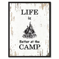 Life Is Better At The Camp Saying Canvas Print, Black Picture Frame Home Decor Wall Art Gifts