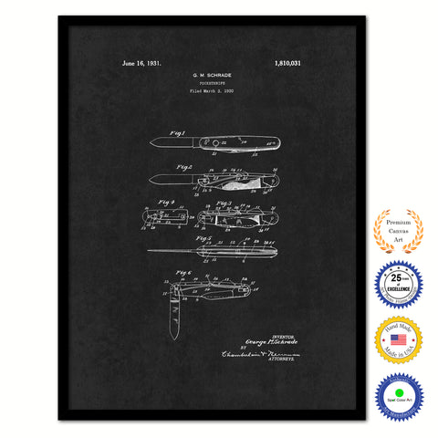 1931 Cowboy Pocket Knife Vintage Patent Artwork Black Framed Canvas Home Office Decor Great for Cowboy Cowgirl Horseback Rider