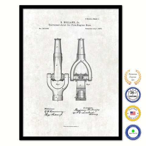 1879 Firefighter Universal Joint for Fire Engine Hose Vintage Patent Artwork Black Framed Canvas Print Home Office Decor Great for Firefighter Fireman Firewoman