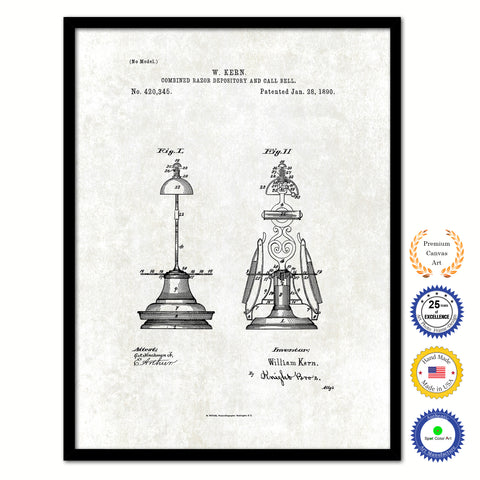 1890 Barber Combined Razor Depository and Call Bell Vintage Patent Artwork Black Framed Canvas Print Home Office Decor Great for Barber Salon
