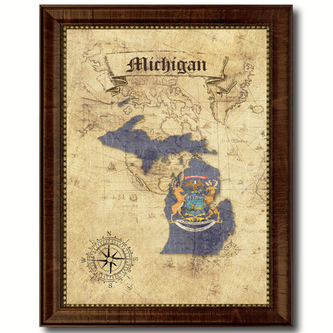 Michigan State Vintage Flag Canvas Print with Brown Picture Frame Home Decor Man Cave Wall Art Collectible Decoration Artwork Gifts