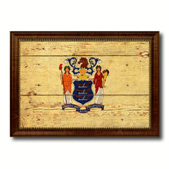 New Jersey State Vintage Flag Canvas Print with Brown Picture Frame Home Decor Man Cave Wall Art Collectible Decoration Artwork Gifts