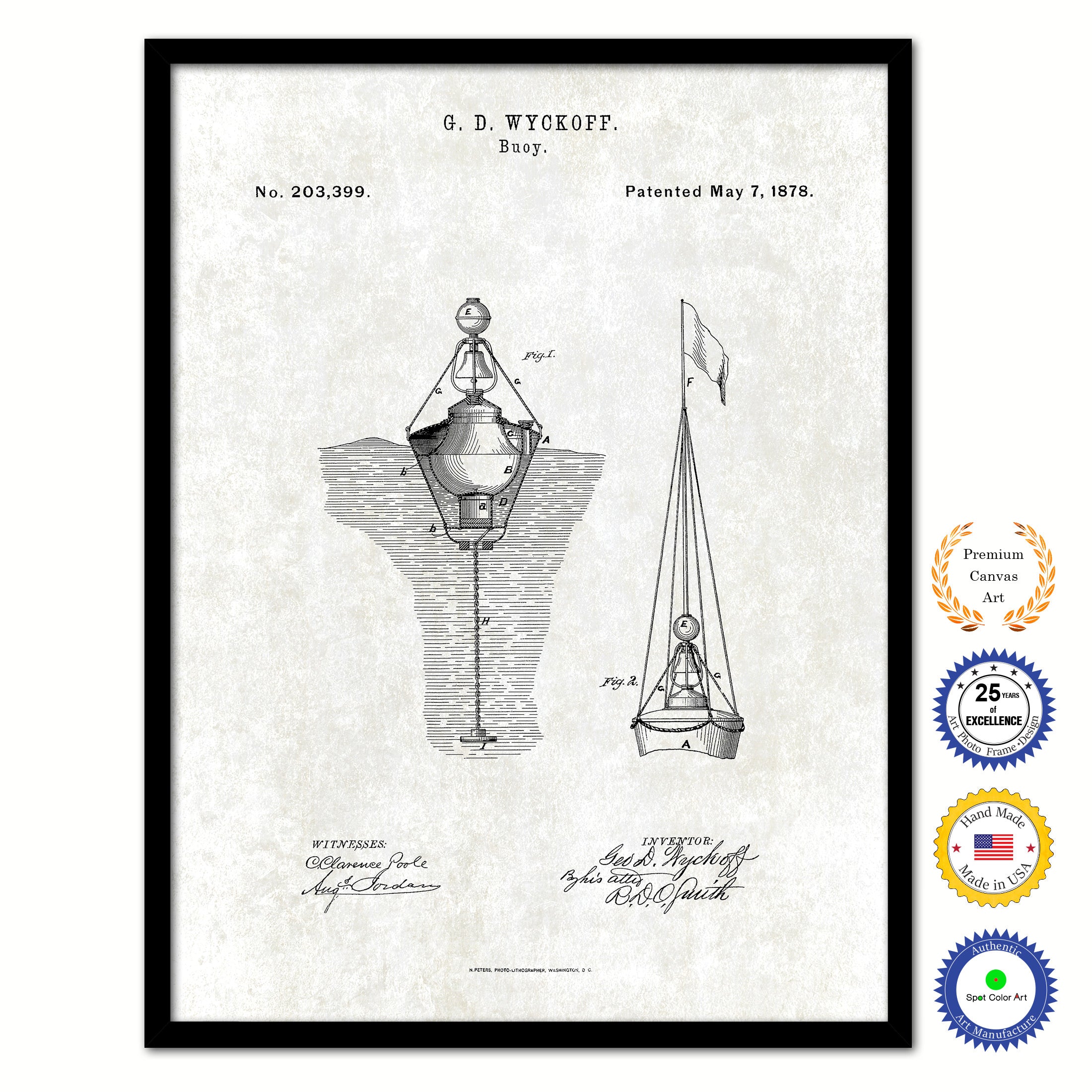 1878 Buoy Old Patent Art Print on Canvas Custom Framed Vintage Home Decor Wall Decoration Great for Gifts
