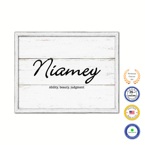 Niamey Name Plate White Wash Wood Frame Canvas Print Boutique Cottage Decor Shabby Chic