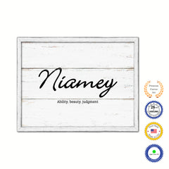 Niamey Name Plate White Wash Wood Frame Canvas Print Boutique Cottage Decor Shabby Chic