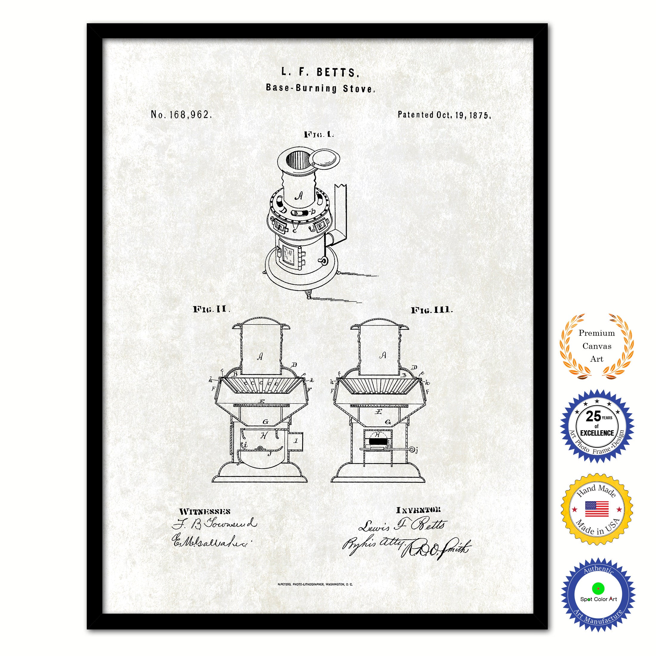 1901 Base Burning Stove Old Patent Art Print on Canvas Custom Framed Vintage Home Decor Wall Decoration Great for Gifts