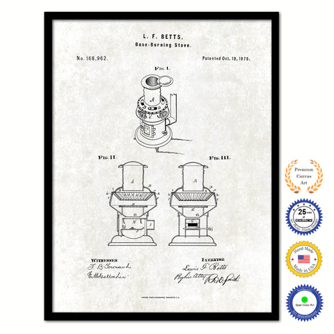 1901 Base Burning Stove Old Patent Art Print on Canvas Custom Framed Vintage Home Decor Wall Decoration Great for Gifts