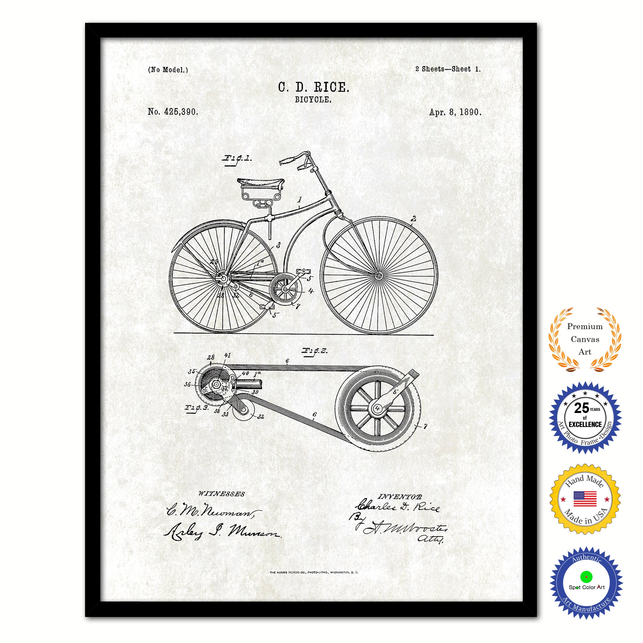 1890 Bicycle Old Patent Art Print on Canvas Custom Framed Vintage Home Decor Wall Decoration Great for Gifts