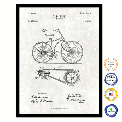 1890 Bicycle Old Patent Art Print on Canvas Custom Framed Vintage Home Decor Wall Decoration Great for Gifts