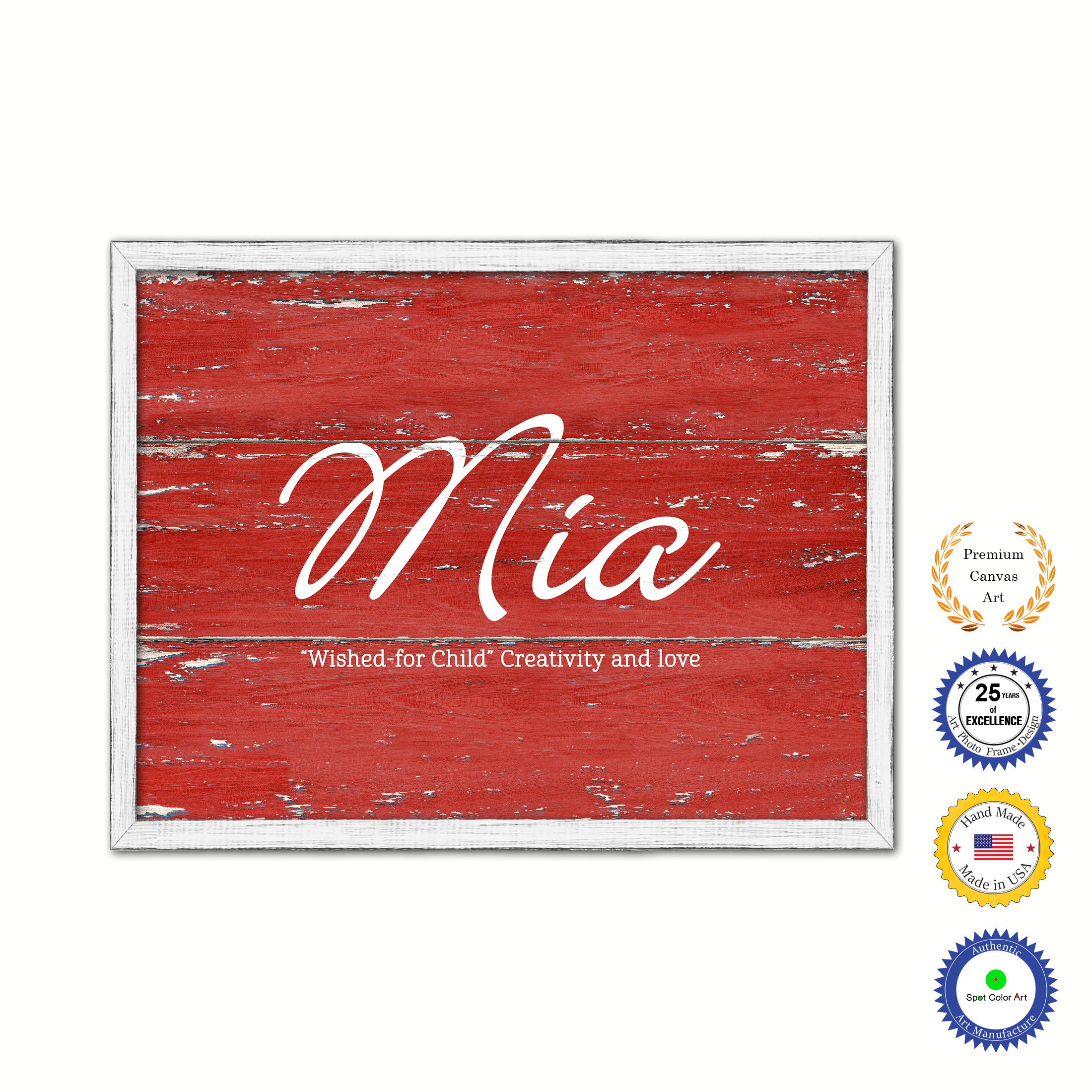 Mia Name Plate White Wash Wood Frame Canvas Print Boutique Cottage Decor Shabby Chic