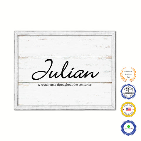 Julian Name Plate White Wash Wood Frame Canvas Print Boutique Cottage Decor Shabby Chic