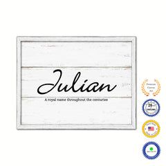 Julian Name Plate White Wash Wood Frame Canvas Print Boutique Cottage Decor Shabby Chic