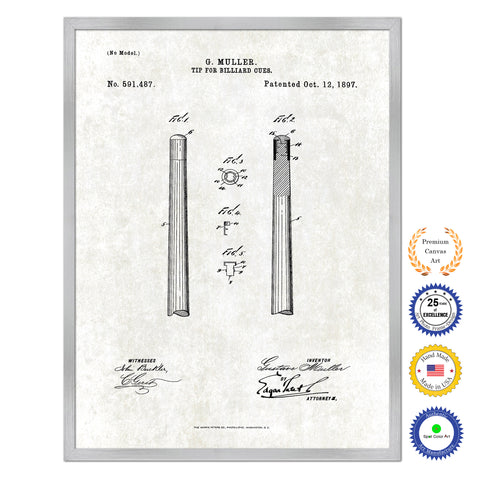 1897 Tip for Billiard Cues Old Patent Art Print on Canvas Custom Framed Vintage Home Decor Wall Decoration Great for Gifts