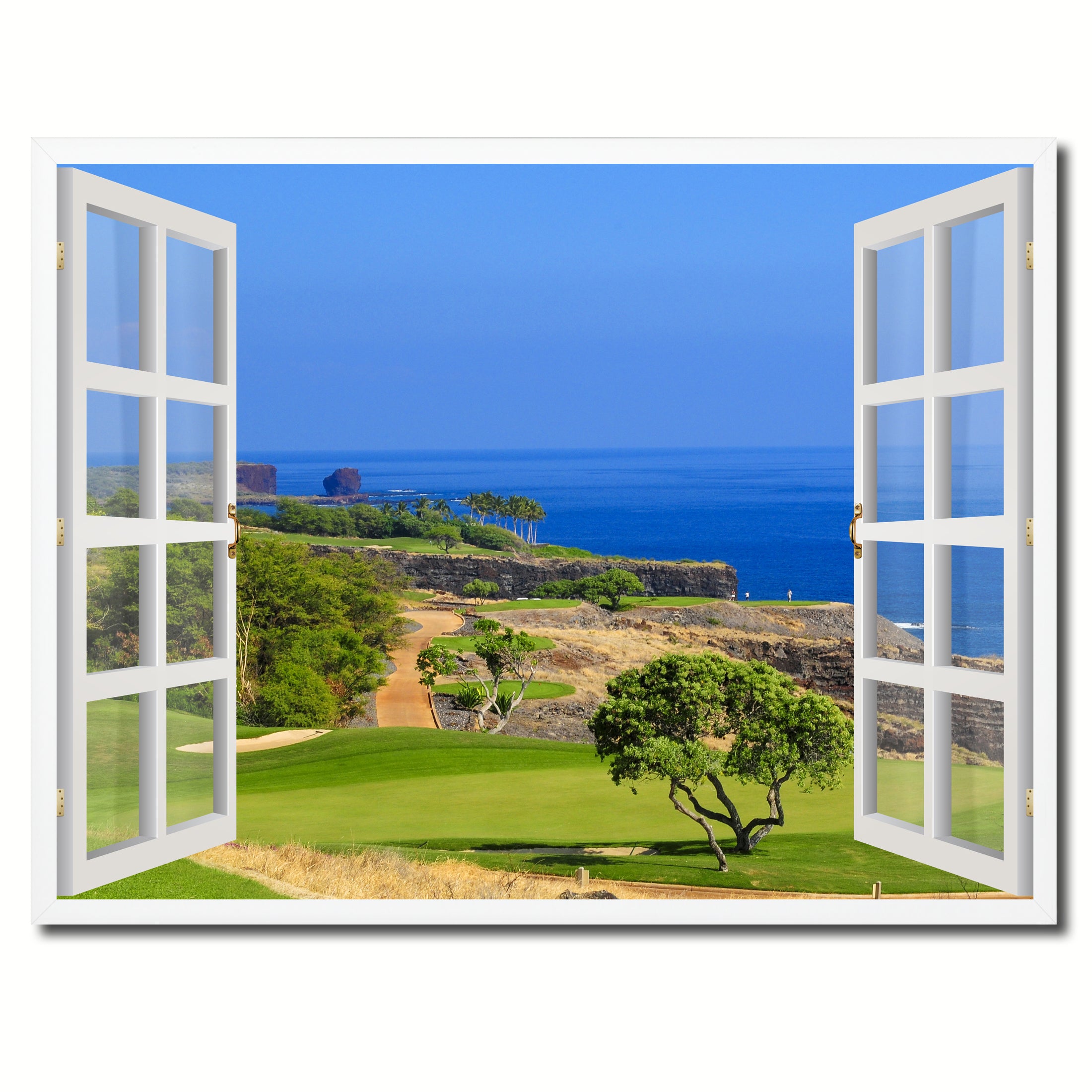 Coastal Golf Course View Picture French Window Framed Canvas Print Home Decor Wall Art Collection