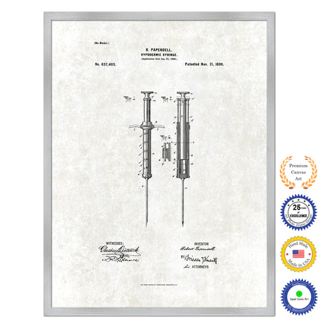 1899 Doctor Hypodermic Syringe Antique Patent Artwork Silver Framed Canvas Print Home Office Decor Great for Doctor Paramedic Surgeon Hospital Medical Student