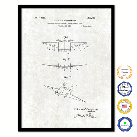 1933 Three Element Wing Airplane Vintage Patent Artwork Black Framed Canvas Print Home Office Decor Great for Pilot Gift