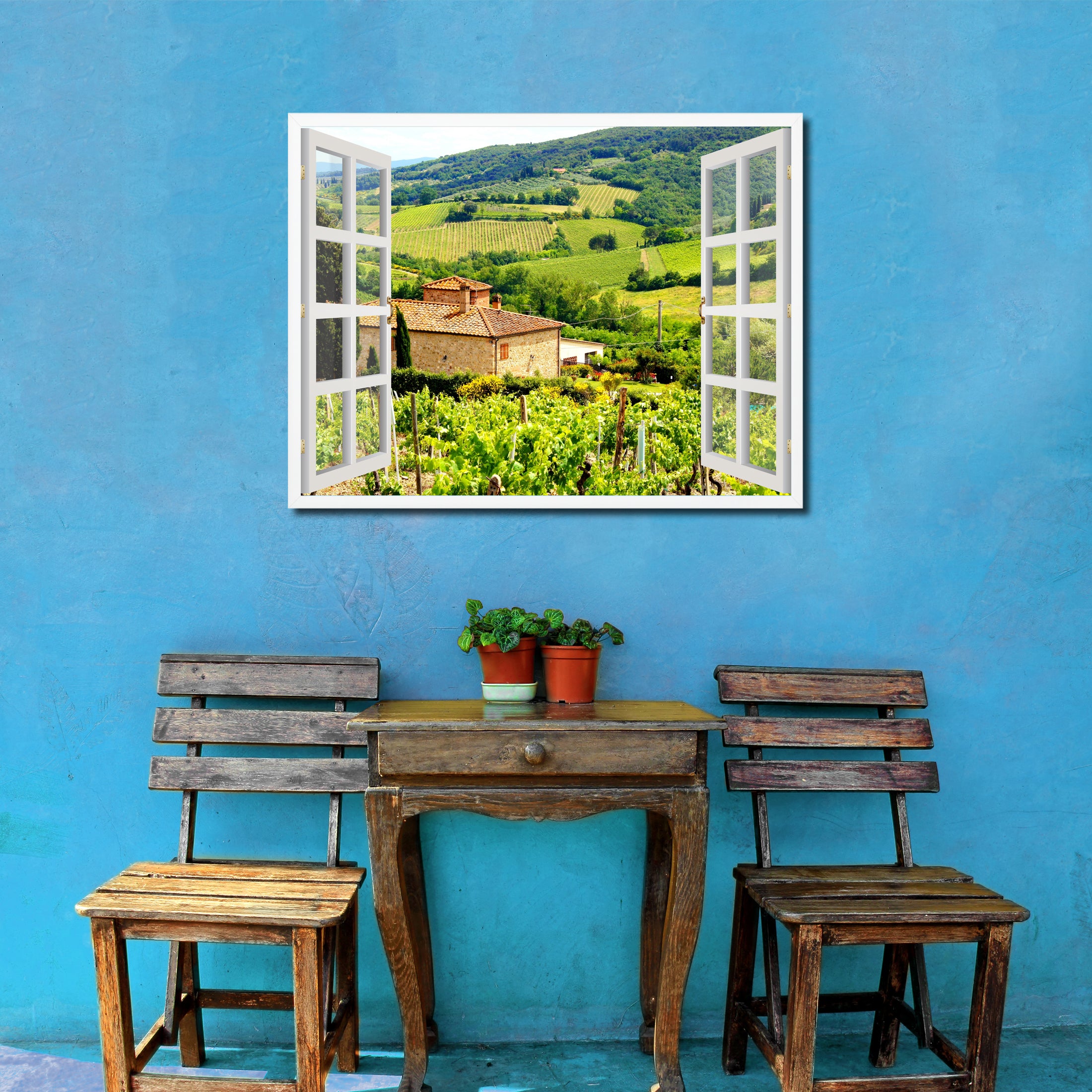 Wine Vineyards Tuscany Italy Picture French Window Framed Canvas Print Home Decor Wall Art Collection