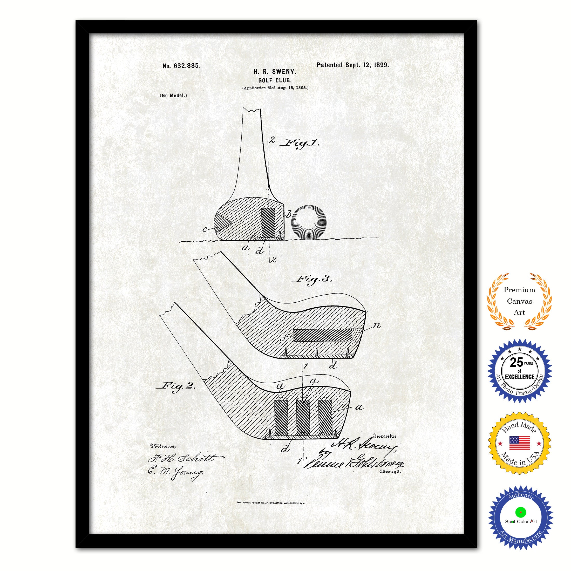 1899 Golf Club Old Patent Art Print on Canvas Custom Framed Vintage Home Decor Wall Decoration Great for Gifts