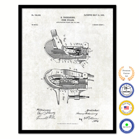 1903 Cork Puller Old Patent Art Print on Canvas Custom Framed Vintage Home Decor Wall Decoration Great for Gifts