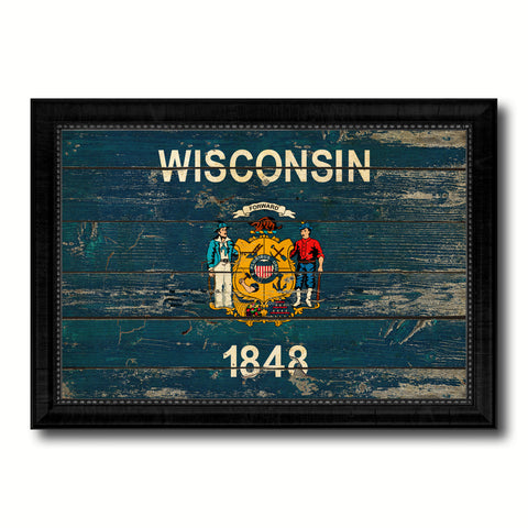 Wisconsin State Vintage Flag Canvas Print with Black Picture Frame Home Decor Man Cave Wall Art Collectible Decoration Artwork Gifts