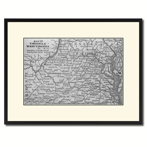 West Virginia Vintage B&W Map Canvas Print, Picture Frame Home Decor Wall Art Gift Ideas