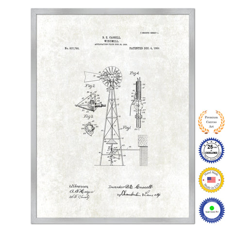 1906 Farming Windmill Antique Patent Artwork Silver Framed Canvas Print Home Office Decor Great for Farmer Milk Lover Cattle Rancher