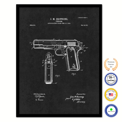 1911 Handgun Firearm Old Patent Art Print on Canvas Custom Framed Vintage Home Decor Wall Decoration Great for Gifts