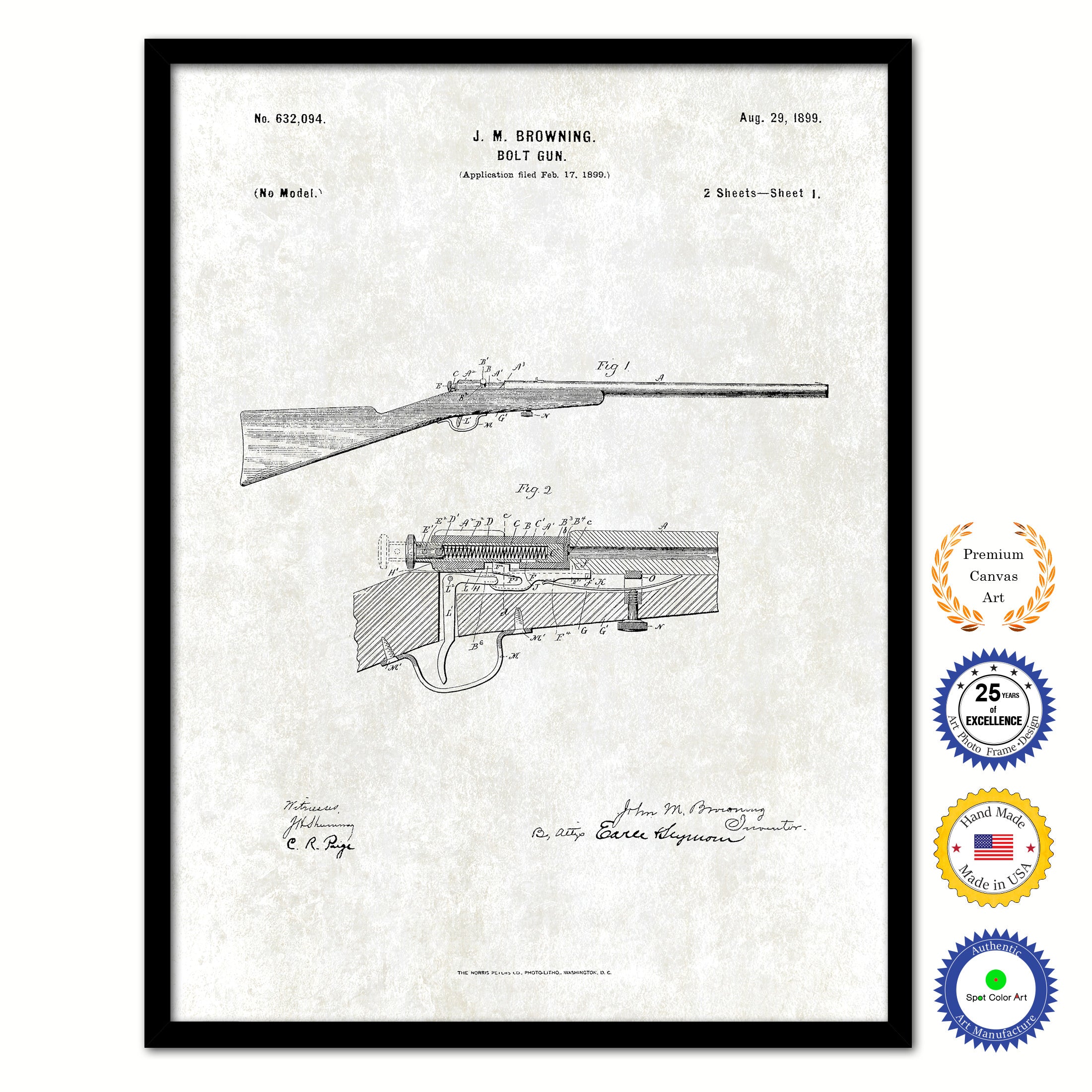 1899 Bolt Gun Rifle Old Patent Art Print on Canvas Custom Framed Vintage Home Decor Wall Decoration Great for Gifts