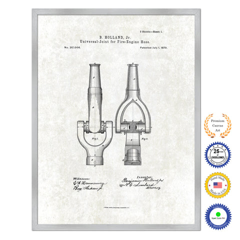 1879 Firefighter Universal Joint for Fire Engine Hose Antique Patent Artwork Silver Framed Canvas Print Home Office Decor Great for Firefighter Fireman Firewoman