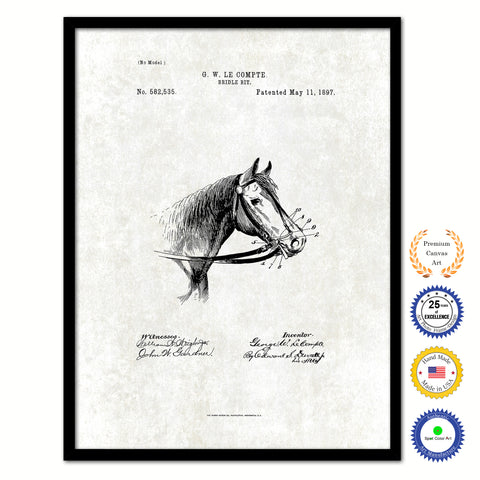 1897 Farming Horse Bridle Bit Vintage Patent Artwork Black Framed Canvas Print Home Office Decor Great for Farmer Milk Lover Cattle Rancher