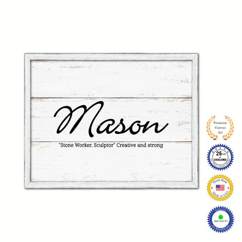Mason Name Plate White Wash Wood Frame Canvas Print Boutique Cottage Decor Shabby Chic