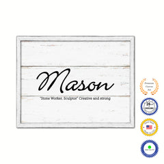 Mason Name Plate White Wash Wood Frame Canvas Print Boutique Cottage Decor Shabby Chic