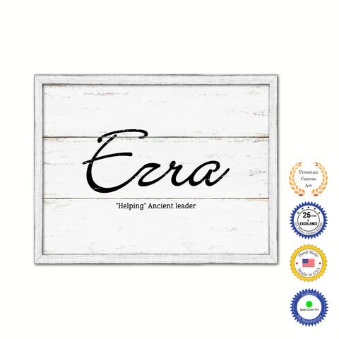 Ezra Name Plate White Wash Wood Frame Canvas Print Boutique Cottage Decor Shabby Chic